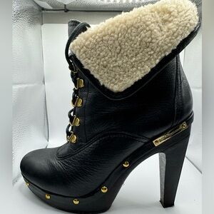 Size 8/38 EU BCBG lace up booties with faux fur trim and gold studded accents.